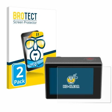 Parte frontal de un envase de producto con el logotipo de la marca BROTECT. Al lado se muestra el dispositivo Akaso V50 Elite 