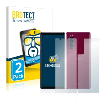 Parte frontal de un envase de producto con el logotipo de la marca BROTECT. Al lado se muestra el dispositivo Sony Xperia 5 (F