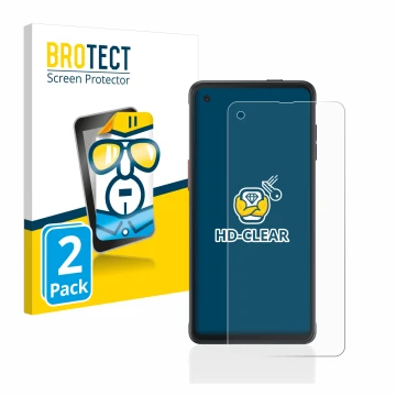Parte frontal de un envase de producto con el logotipo de la marca BROTECT. Al lado se muestra el dispositivo Samsung Galaxy X