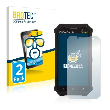 Parte frontal de un envase de producto con el logotipo de la marca BROTECT. Al lado se muestra el dispositivo SkyCaddie SX500 