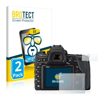 Parte frontal de un envase de producto con el logotipo de la marca BROTECT. Al lado se muestra el dispositivo Nikon D780 con s