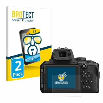 Parte frontal de un envase de producto con el logotipo de la marca BROTECT. Al lado se muestra el dispositivo Nikon Coolpix P9