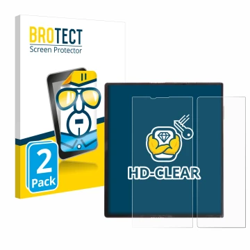 Parte frontal de un envase de producto con el logotipo de la marca BROTECT. Al lado se muestra el dispositivo Huawei Mate Xs c