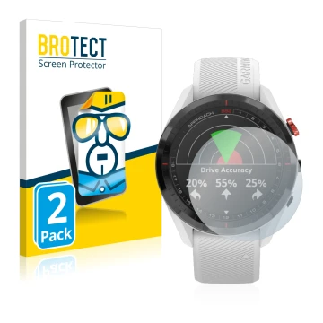 Parte frontal de un envase de producto con el logotipo de la marca BROTECT. Al lado se muestra el dispositivo Garmin Approach 