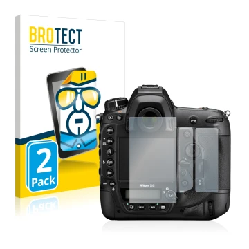 Parte frontal de un envase de producto con el logotipo de la marca BROTECT. Al lado se muestra el dispositivo Nikon D6 con su 