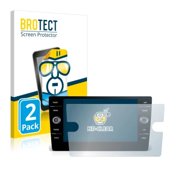 Parte frontal de un envase de producto con el logotipo de la marca BROTECT. Al lado se muestra el dispositivo Volkswagen Golf 