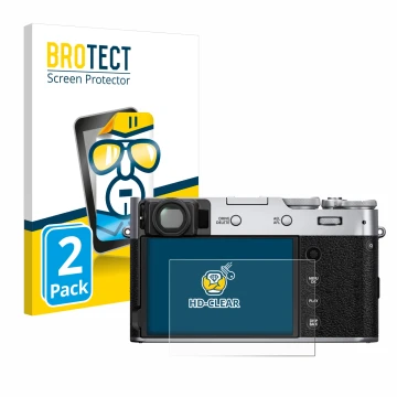 Parte frontal de un envase de producto con el logotipo de la marca BROTECT. Al lado se muestra el dispositivo Fujifilm X100V c