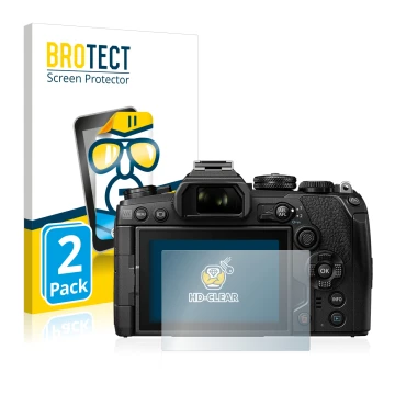 Parte frontal de un envase de producto con el logotipo de la marca BROTECT. Al lado se muestra el dispositivo Olympus OM-D E-M