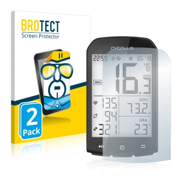 Parte frontal de un envase de producto con el logotipo de la marca BROTECT. Al lado se muestra el dispositivo Cycplus M1 2.9