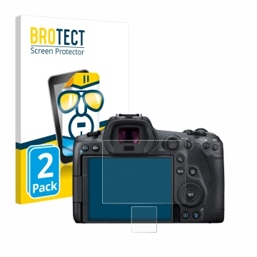 Parte frontal de un envase de producto con el logotipo de la marca BROTECT. Al lado se muestra el dispositivo Canon EOS R5 con