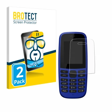 Parte frontal de un envase de producto con el logotipo de la marca BROTECT. Al lado se muestra el dispositivo Nokia 105 DS 201