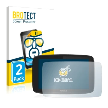 Parte frontal de un envase de producto con el logotipo de la marca BROTECT. Al lado se muestra el dispositivo TomTom Go Profes