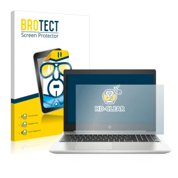 Parte frontal de un envase de producto con el logotipo de la marca BROTECT. Al lado se muestra el dispositivo HP ProBook 450 G