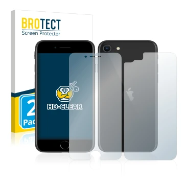Parte frontal de un envase de producto con el logotipo de la marca BROTECT. Al lado se muestra el dispositivo Apple iPhone SE 