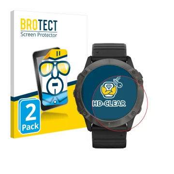 Parte frontal de un envase de producto con el logotipo de la marca BROTECT. Al lado se muestra el dispositivo Garmin Fenix 6X 