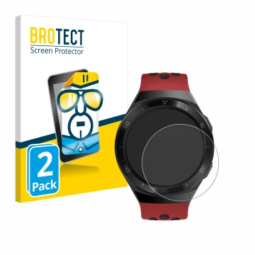 Parte frontal de un envase de producto con el logotipo de la marca BROTECT. Al lado se muestra el dispositivo Huawei Watch GT 