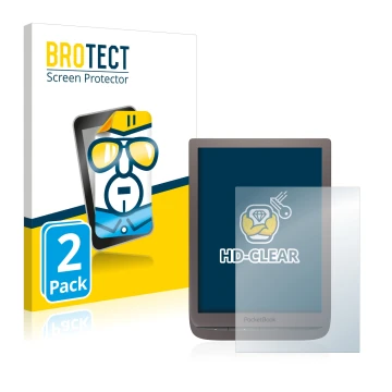 Parte frontal de un envase de producto con el logotipo de la marca BROTECT. Al lado se muestra el dispositivo PocketBook InkPa