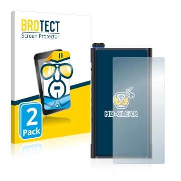 Parte frontal de un envase de producto con el logotipo de la marca BROTECT. Al lado se muestra el dispositivo FiiO M15 con su 