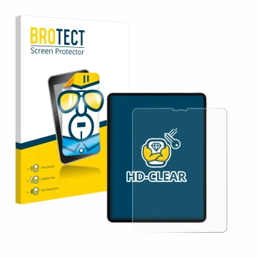 Parte frontal de un envase de producto con el logotipo de la marca BROTECT. Al lado se muestra el dispositivo Apple iPad 12.9