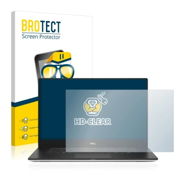 Parte frontal de un envase de producto con el logotipo de la marca BROTECT. Al lado se muestra el dispositivo Dell Precision 5