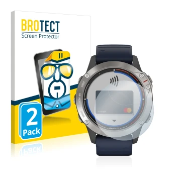 Parte frontal de un envase de producto con el logotipo de la marca BROTECT. Al lado se muestra el dispositivo Garmin quatix 6 