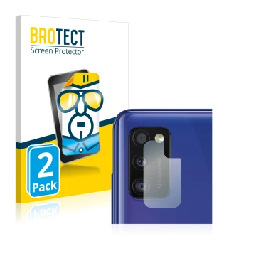 Parte frontal de un envase de producto con el logotipo de la marca BROTECT. Al lado se muestra el dispositivo Samsung Galaxy A