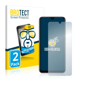 Parte frontal de un envase de producto con el logotipo de la marca BROTECT. Al lado se muestra el dispositivo Huawei P smart 2