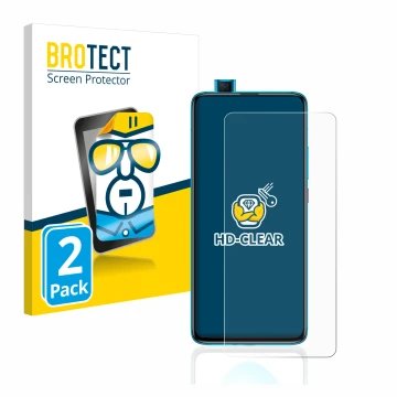 Parte frontal de un envase de producto con el logotipo de la marca BROTECT. Al lado se muestra el dispositivo Xiaomi Poco F2 P