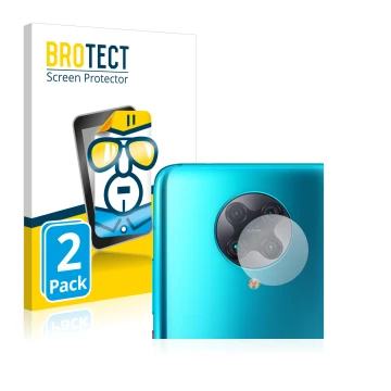 Parte frontal de un envase de producto con el logotipo de la marca BROTECT. Al lado se muestra el dispositivo Xiaomi Poco F2 P