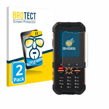 Parte frontal de un envase de producto con el logotipo de la marca BROTECT. Al lado se muestra el dispositivo RugGear RG170 co