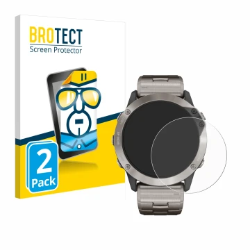 Parte frontal de un envase de producto con el logotipo de la marca BROTECT. Al lado se muestra el dispositivo Garmin quatix 6x