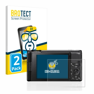 Parte frontal de un envase de producto con el logotipo de la marca BROTECT. Al lado se muestra el dispositivo Sony ZV-1 con su