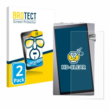 Parte frontal de un envase de producto con el logotipo de la marca BROTECT. Al lado se muestra el dispositivo Astell&Kern A&no