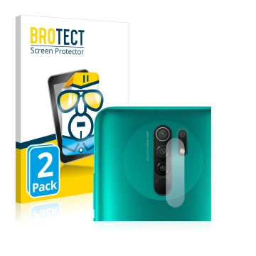 Parte frontal de un envase de producto con el logotipo de la marca BROTECT. Al lado se muestra el dispositivo Xiaomi Redmi 9 (