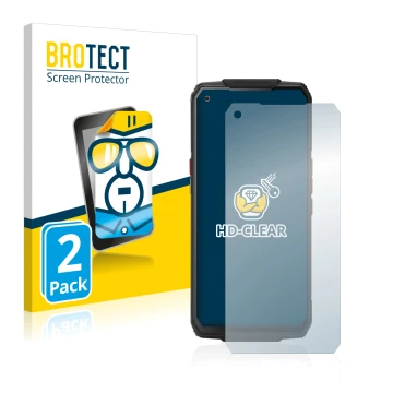 Parte frontal de un envase de producto con el logotipo de la marca BROTECT. Al lado se muestra el dispositivo Oukitel WP7 con 