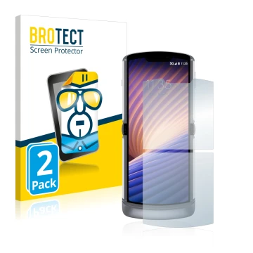 Parte frontal de un envase de producto con el logotipo de la marca BROTECT. Al lado se muestra el dispositivo Motorola Razr 5G