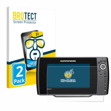 Parte frontal de un envase de producto con el logotipo de la marca BROTECT. Al lado se muestra el dispositivo Humminbird Helix