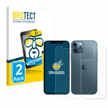 Parte frontal de un envase de producto con el logotipo de la marca BROTECT. Al lado se muestra el dispositivo Apple iPhone 12 