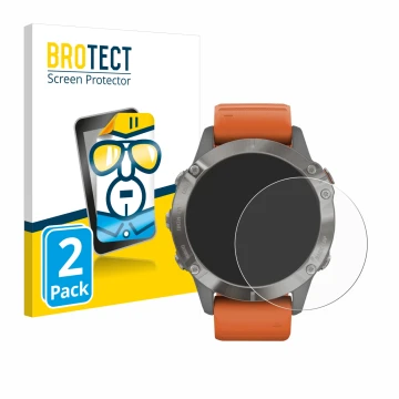 Parte frontal de un envase de producto con el logotipo de la marca BROTECT. Al lado se muestra el dispositivo Garmin Fenix 6 P