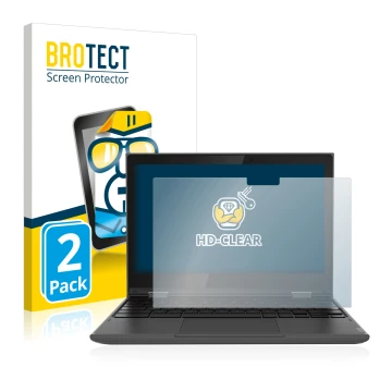 Parte frontal de un envase de producto con el logotipo de la marca BROTECT. Al lado se muestra el dispositivo Lenovo 300e (2da