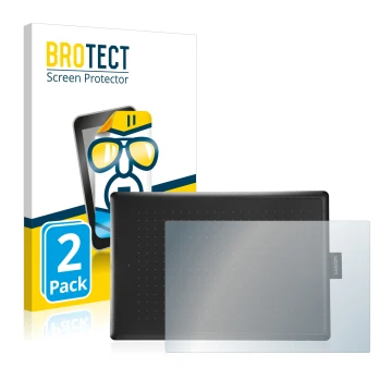 Parte frontal de un envase de producto con el logotipo de la marca BROTECT. Al lado se muestra el dispositivo Wacom One Medium