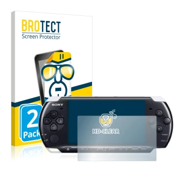 Parte frontal de un envase de producto con el logotipo de la marca BROTECT. Al lado se muestra el dispositivo Sony PSP 3003 co