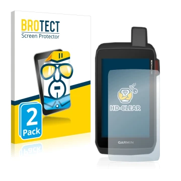 Parte frontal de un envase de producto con el logotipo de la marca BROTECT. Al lado se muestra el dispositivo Garmin Montana 7
