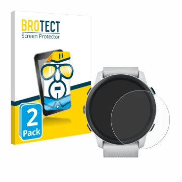 Parte frontal de un envase de producto con el logotipo de la marca BROTECT. Al lado se muestra el dispositivo Garmin Forerunne