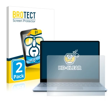 Parte frontal de un envase de producto con el logotipo de la marca BROTECT. Al lado se muestra el dispositivo Microsoft Surfac