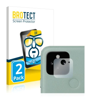 Parte frontal de un envase de producto con el logotipo de la marca BROTECT. Al lado se muestra el dispositivo Google Pixel 5 (