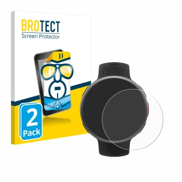 Parte frontal de un envase de producto con el logotipo de la marca BROTECT. Al lado se muestra el dispositivo Polar Vantage V2