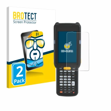 Parte frontal de un envase de producto con el logotipo de la marca BROTECT. Al lado se muestra el dispositivo Zebra MC330L con