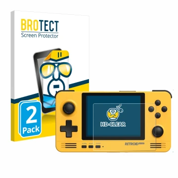 Parte frontal de un envase de producto con el logotipo de la marca BROTECT. Al lado se muestra el dispositivo Retroid Pocket 2