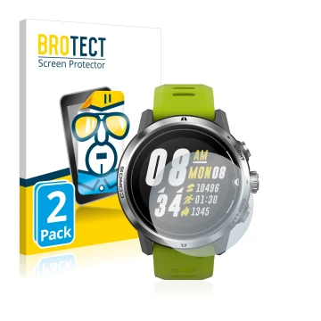 Parte frontal de un envase de producto con el logotipo de la marca BROTECT. Al lado se muestra el dispositivo Coros Apex Pro c